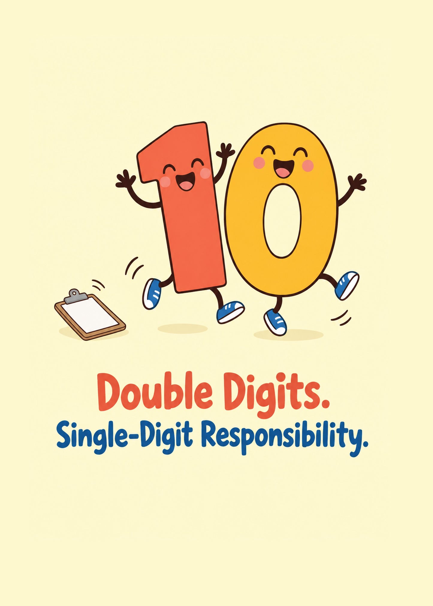Funny birthday card showing cheerful 1 and 0 number characters celebrating by a clipboard, with Double Digits text, by Gigglz
