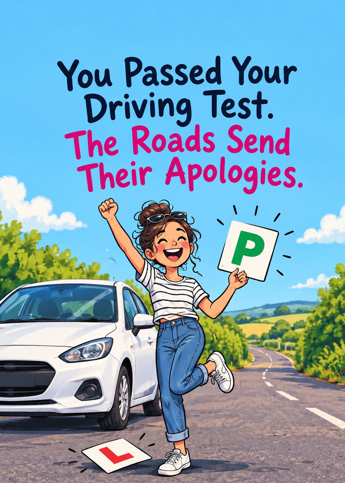 Funny congratulations card showing a jubilant new driver waving a green P plate beside her white car on a country, by Gigglz