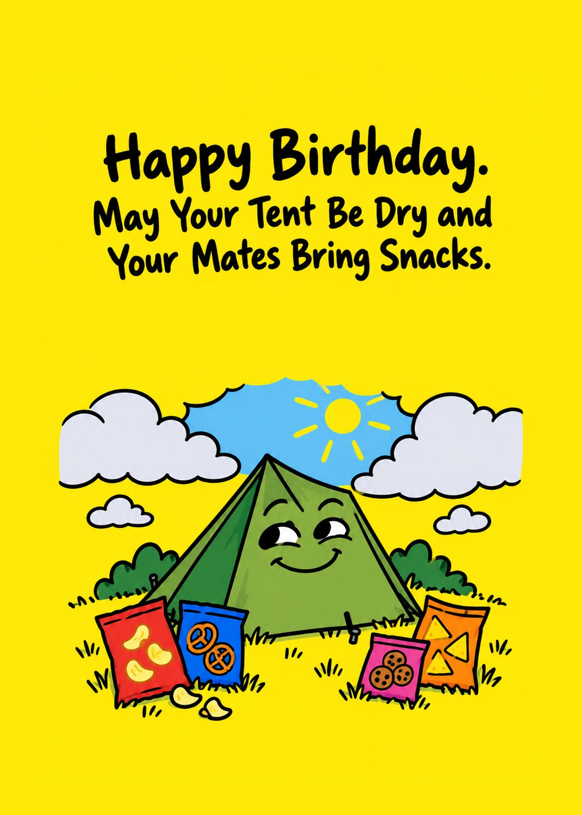 Funny birthday card showing a contented cartoon tent surrounded by crisp packets under a sunny sky on a yellow, by Gigglz