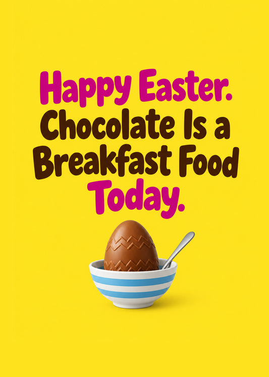 Funny Easter card showing bold pink and brown lettering above a chocolate egg sitting in an egg cup with a spoon, by Gigglz
