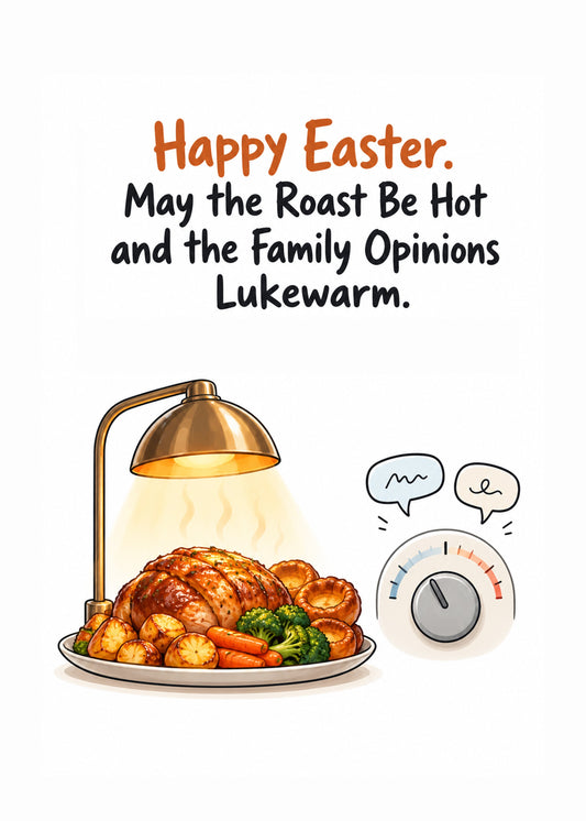 Funny Easter card showing a roast dinner under a heat lamp beside a thermostat dial and chatter speech bubbles, by Gigglz