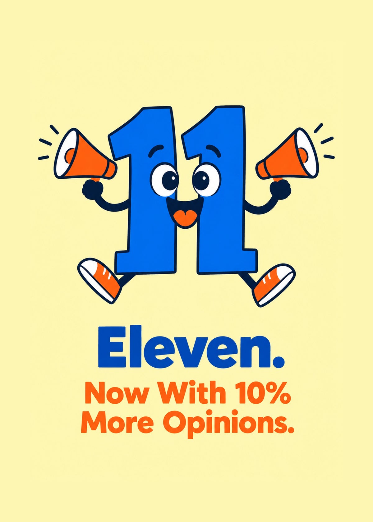 Funny birthday card showing an 11 number character shouting through two megaphones, by Gigglz