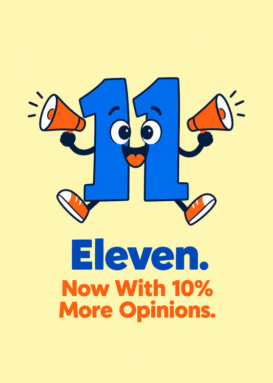 Funny birthday card showing an 11 number character shouting through two megaphones, by Gigglz