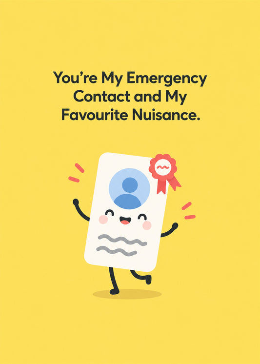 Funny friendship card showing a happy cartoon contact card with a rosette, dancing on a yellow ground, by Gigglz