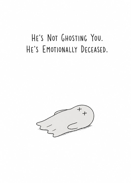 Funny Halloween card showing a hand-drawn cartoon ghost collapsed with x-ed out eyes, by Gigglz