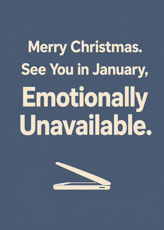 Funny Christmas card showing bold type with a closing laptop icon, with See You in January text, by Gigglz