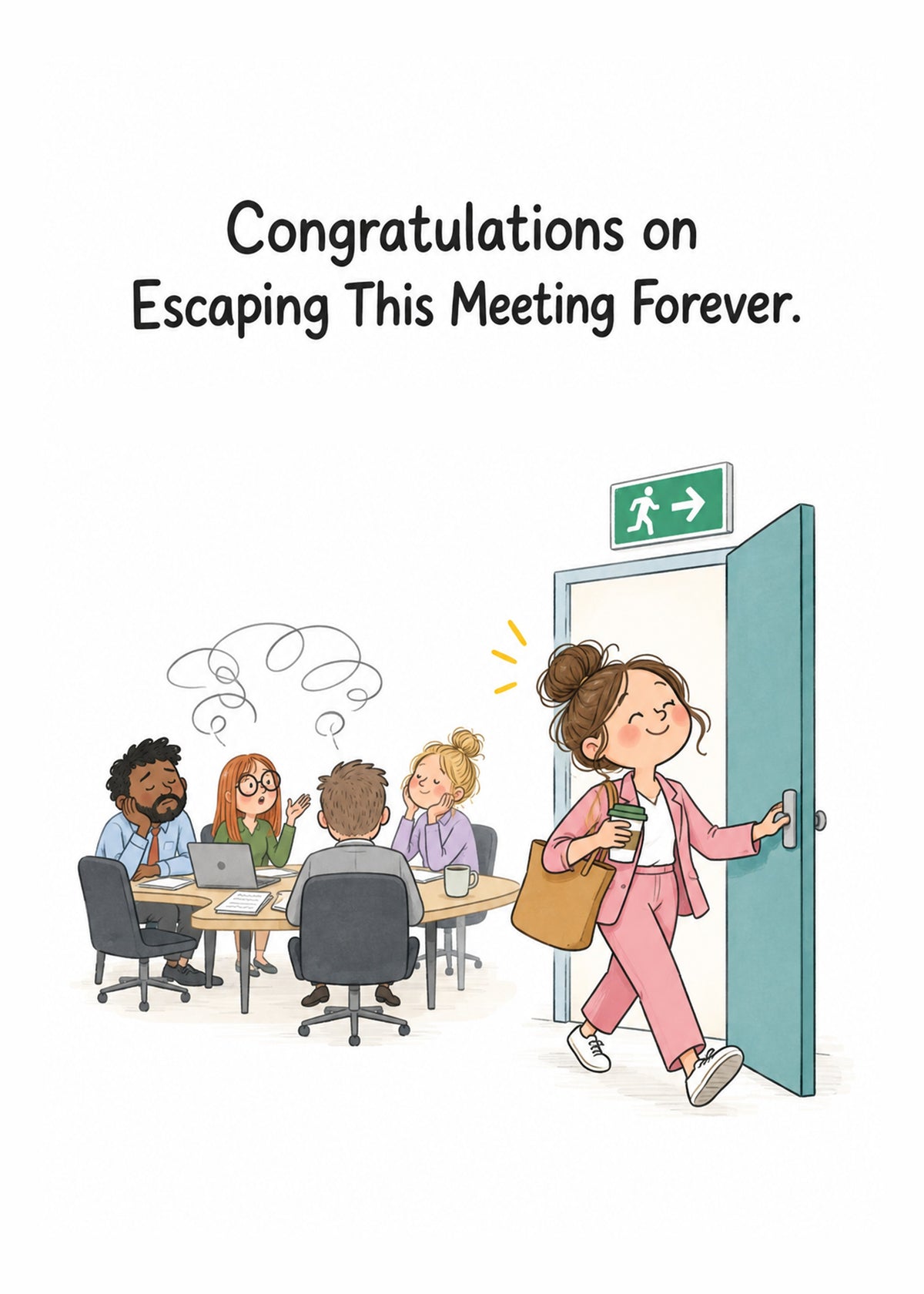 Funny leaving card showing a delighted colleague slipping out of a dull boardroom meeting through the fire exit, by Gigglz