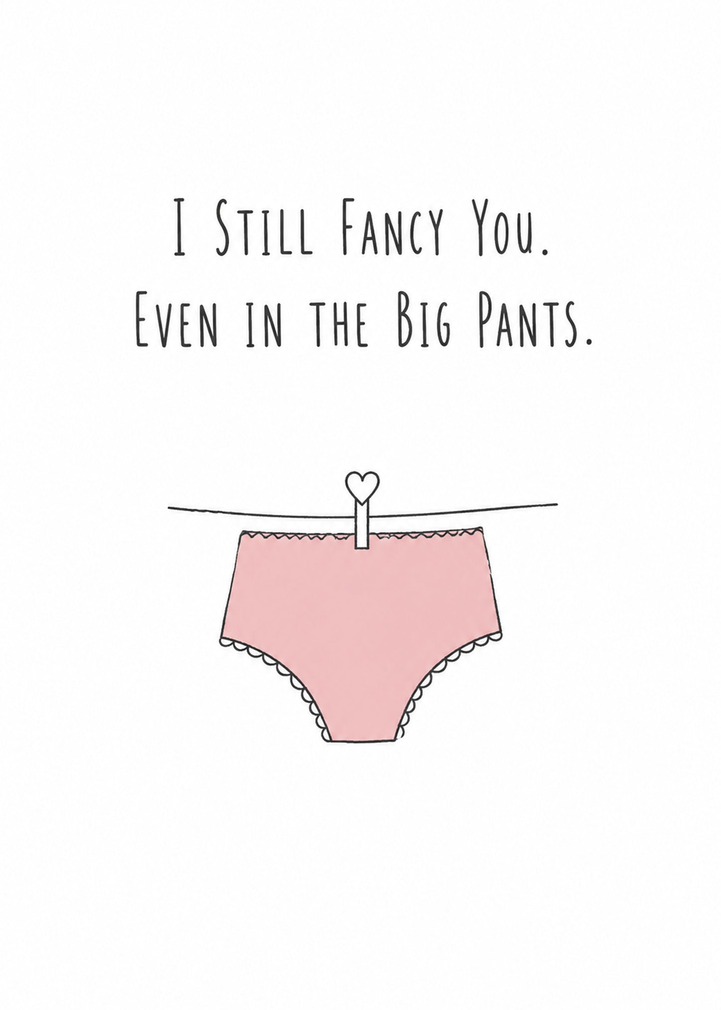 Cheeky anniversary card showing a pair of pink pants pegged to a washing line with a heart-shaped peg, by Gigglz