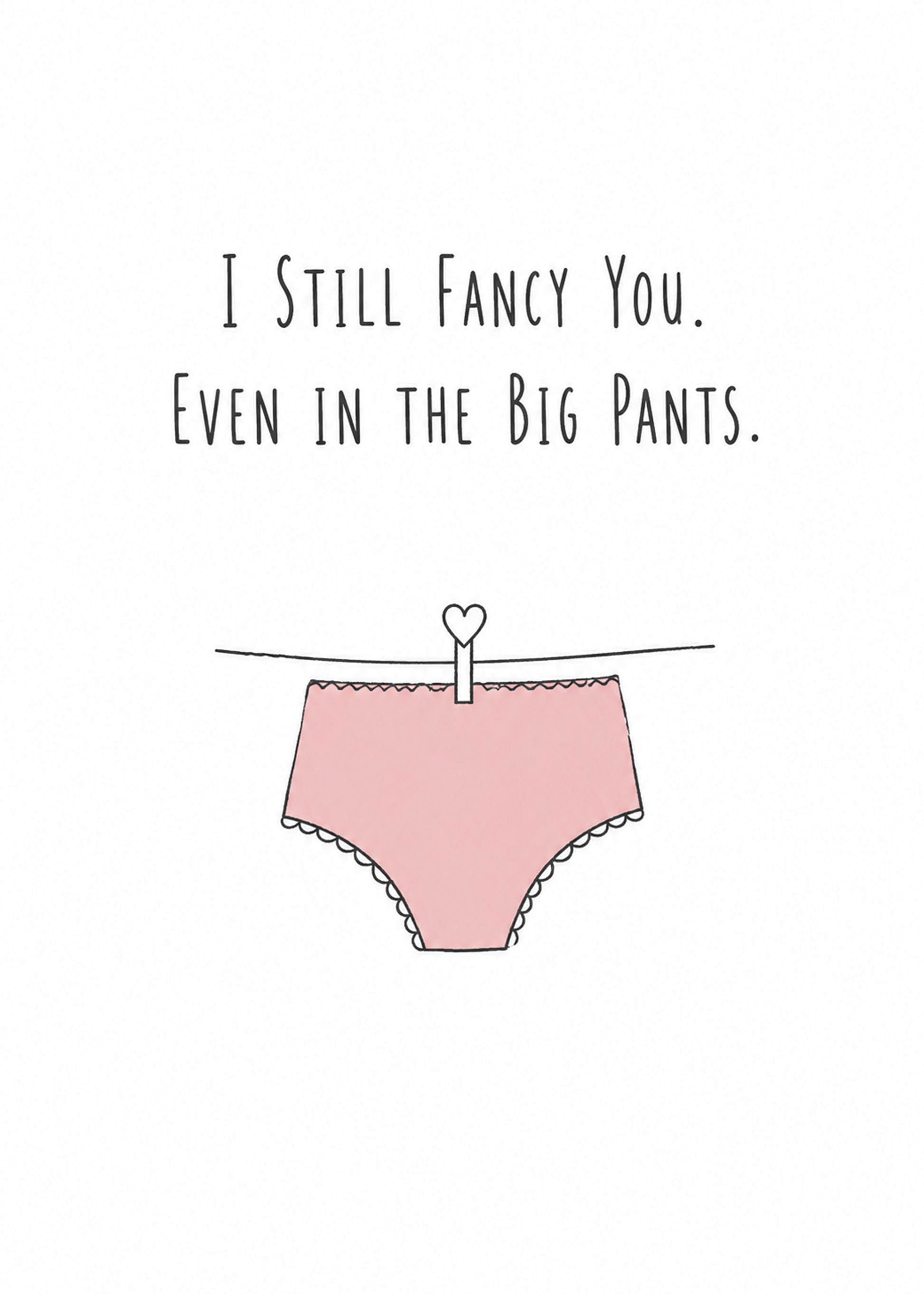 Cheeky anniversary card showing a pair of pink pants pegged to a washing line with a heart-shaped peg, by Gigglz