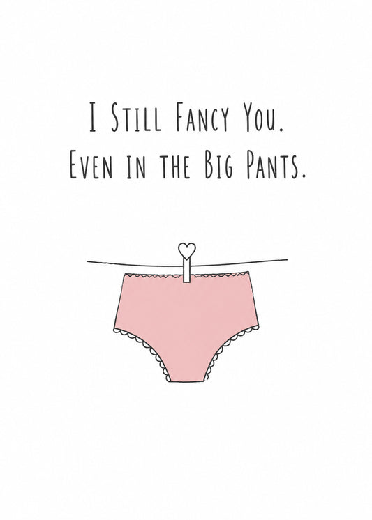 Cheeky anniversary card showing a pair of pink pants pegged to a washing line with a heart-shaped peg, by Gigglz