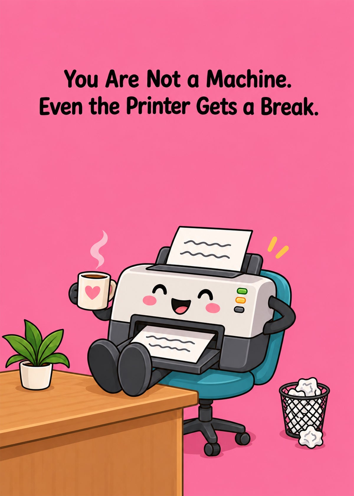 Funny thinking of you card showing a relaxed cartoon office printer reclining in a swivel chair with a cup of tea, by Gigglz