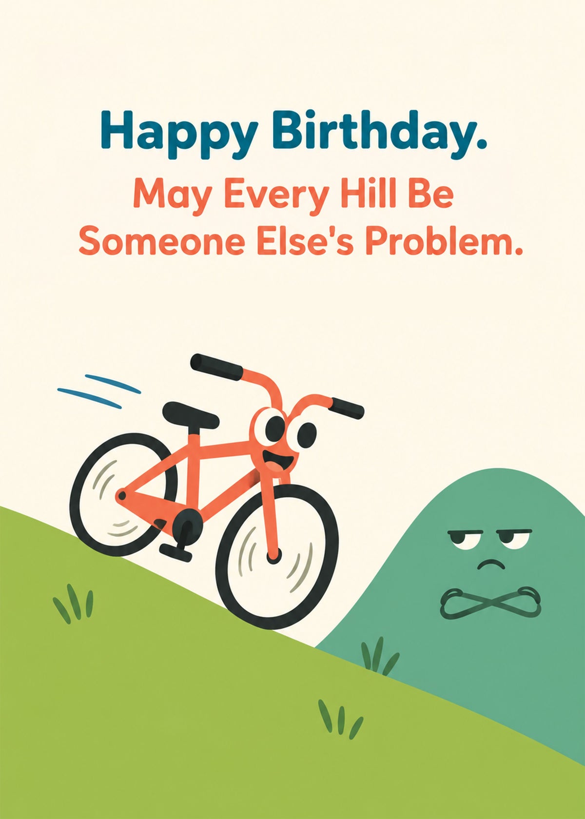 Funny birthday card showing an orange road bike leaning against a grumpy green cartoon hill on a cream ground, by Gigglz