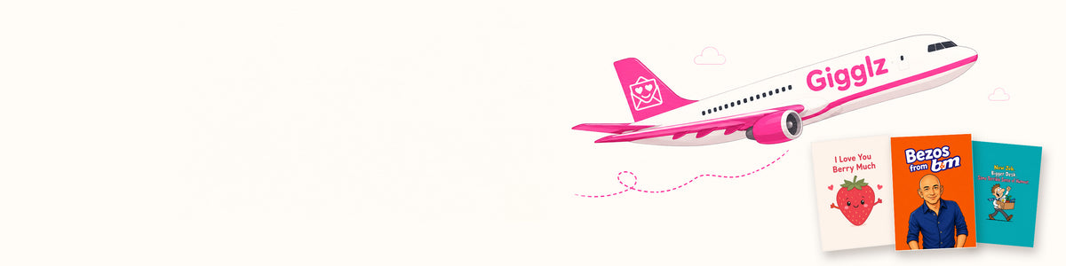 Pink Gigglz aeroplane flying towards a selection of funny greeting cards