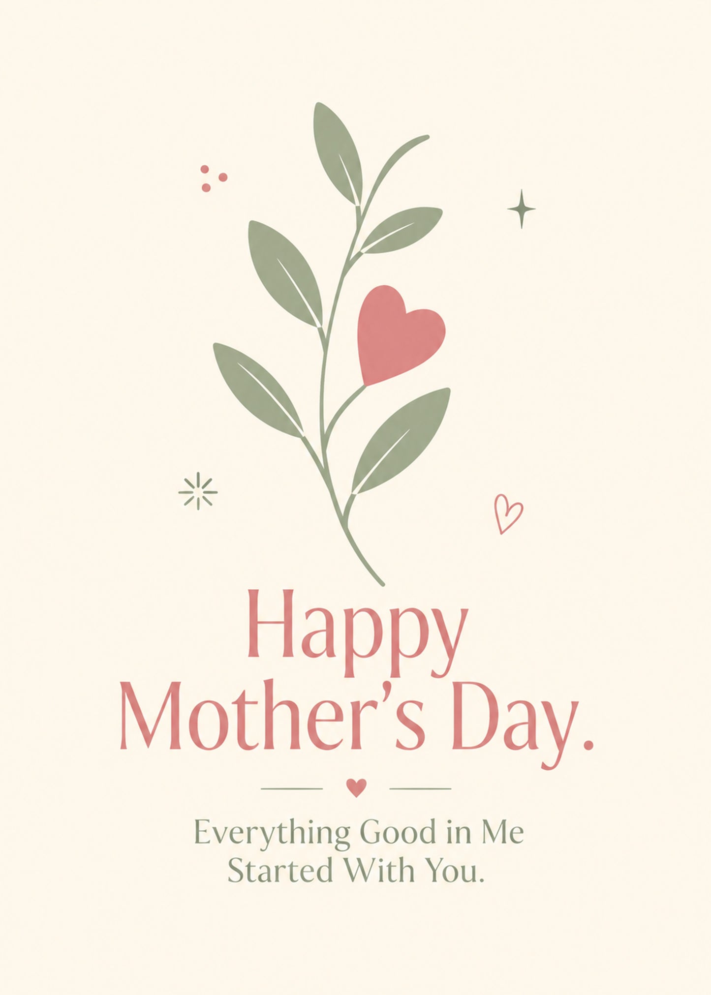 Heartwarming Mother's Day card showing a delicate leafy sprig with a single heart-shaped bud, by Gigglz