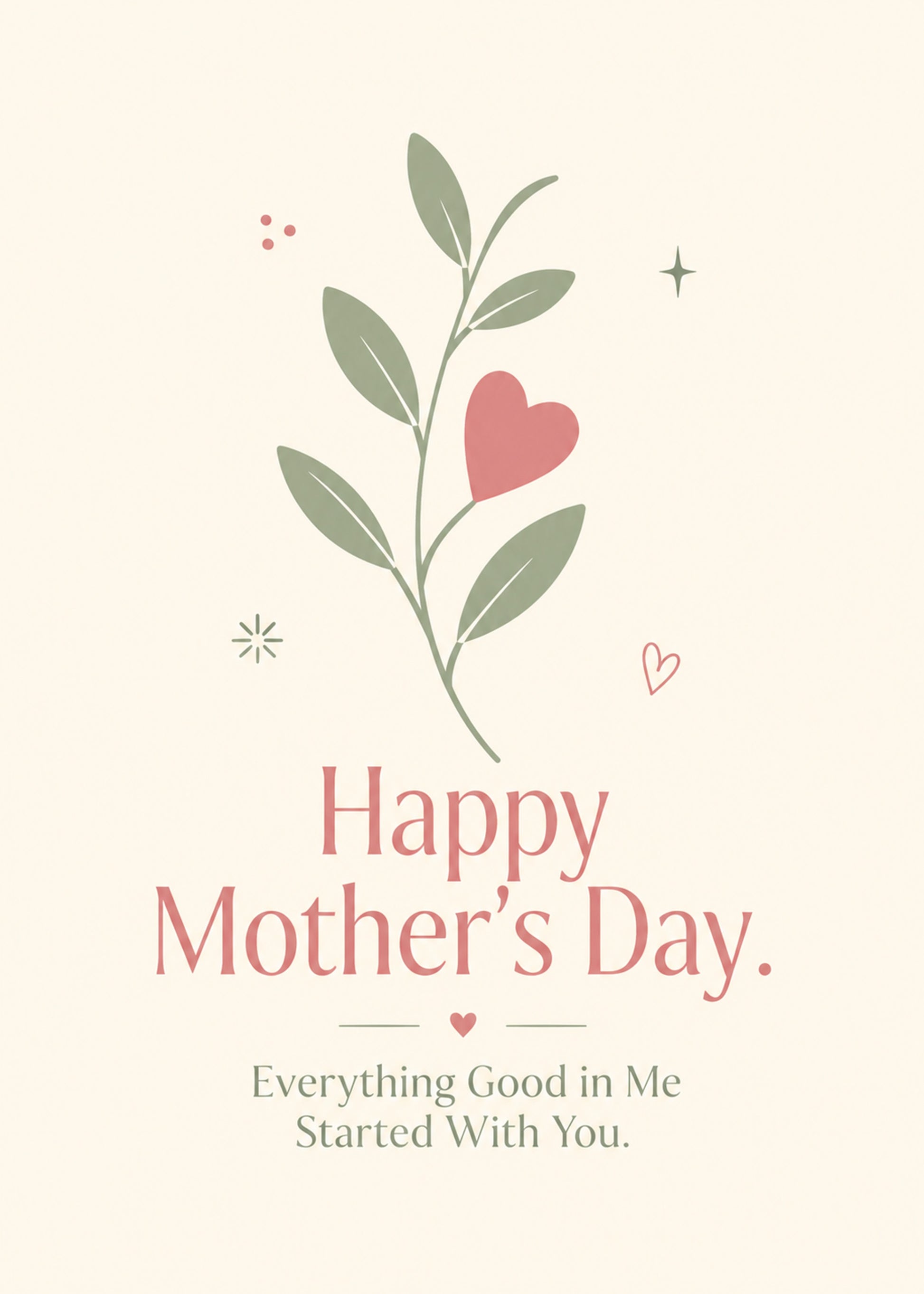 Heartwarming Mother's Day card showing a delicate leafy sprig with a single heart-shaped bud, by Gigglz