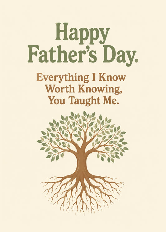 Heartfelt Father's Day card showing a spreading tree with deep roots, by Gigglz