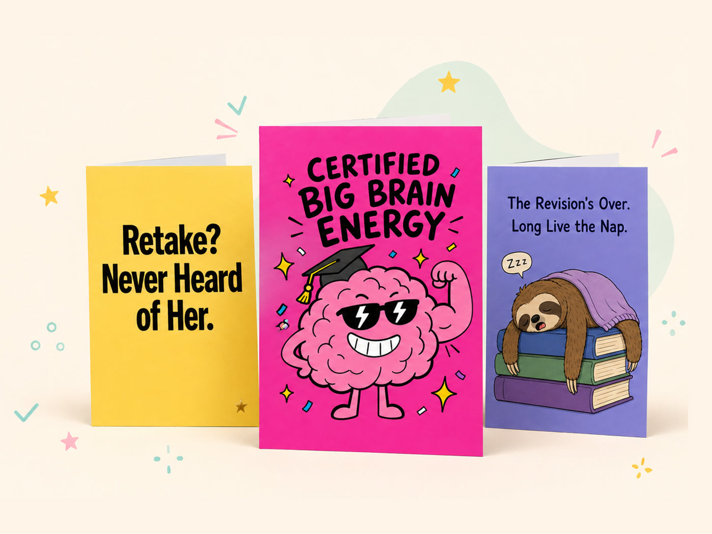 Three Gigglz exam congratulations cards: Certified Big Brain Energy, Retake? Never Heard of Her, and The Revision’s Over. Long Live the Nap.