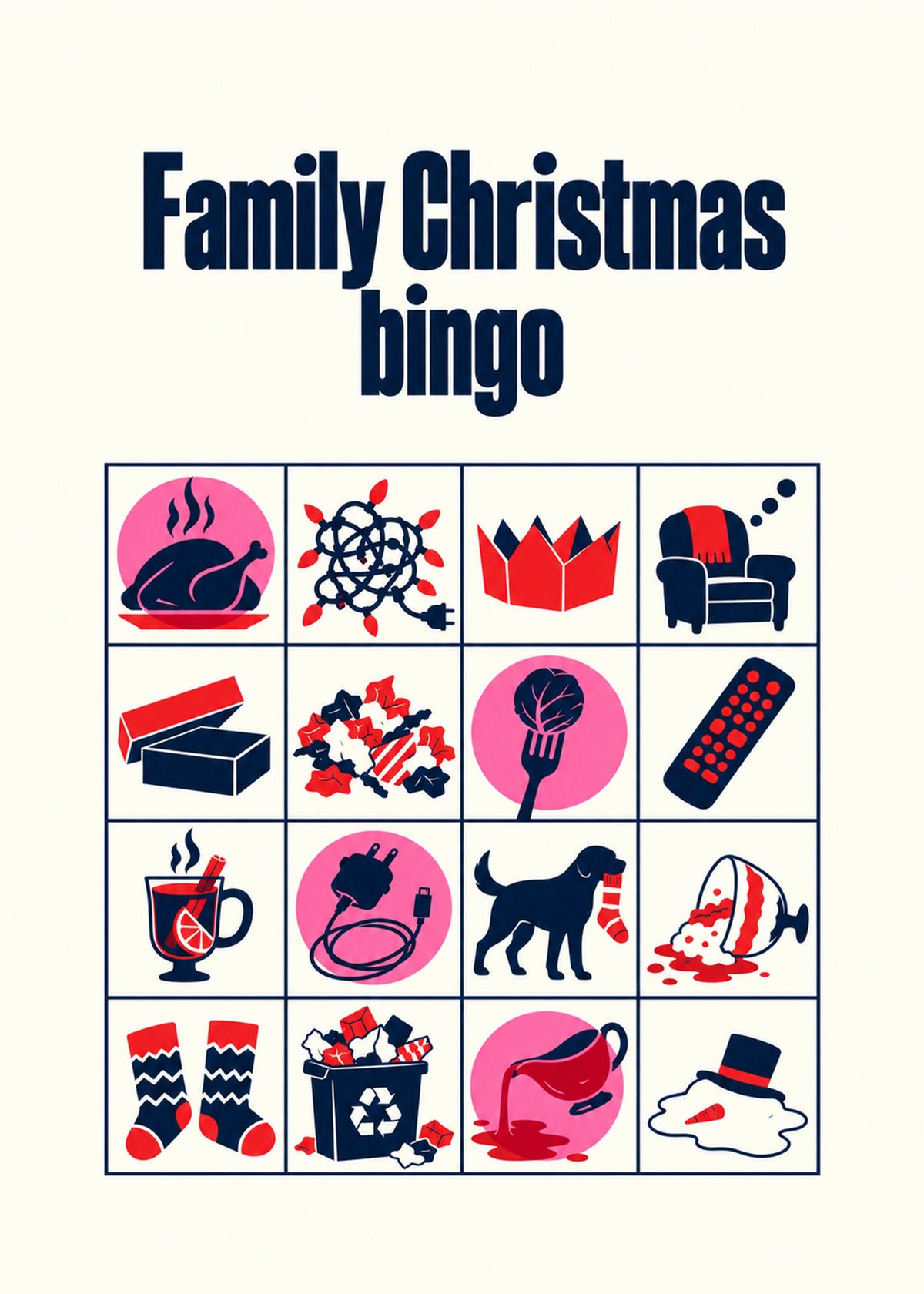 Funny Christmas card showing a bold navy, red and pink bingo card grid of festive mishaps: dry turkey, tangled, by Gigglz