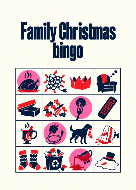 Funny Christmas card showing a bold navy, red and pink bingo card grid of festive mishaps: dry turkey, tangled, by Gigglz