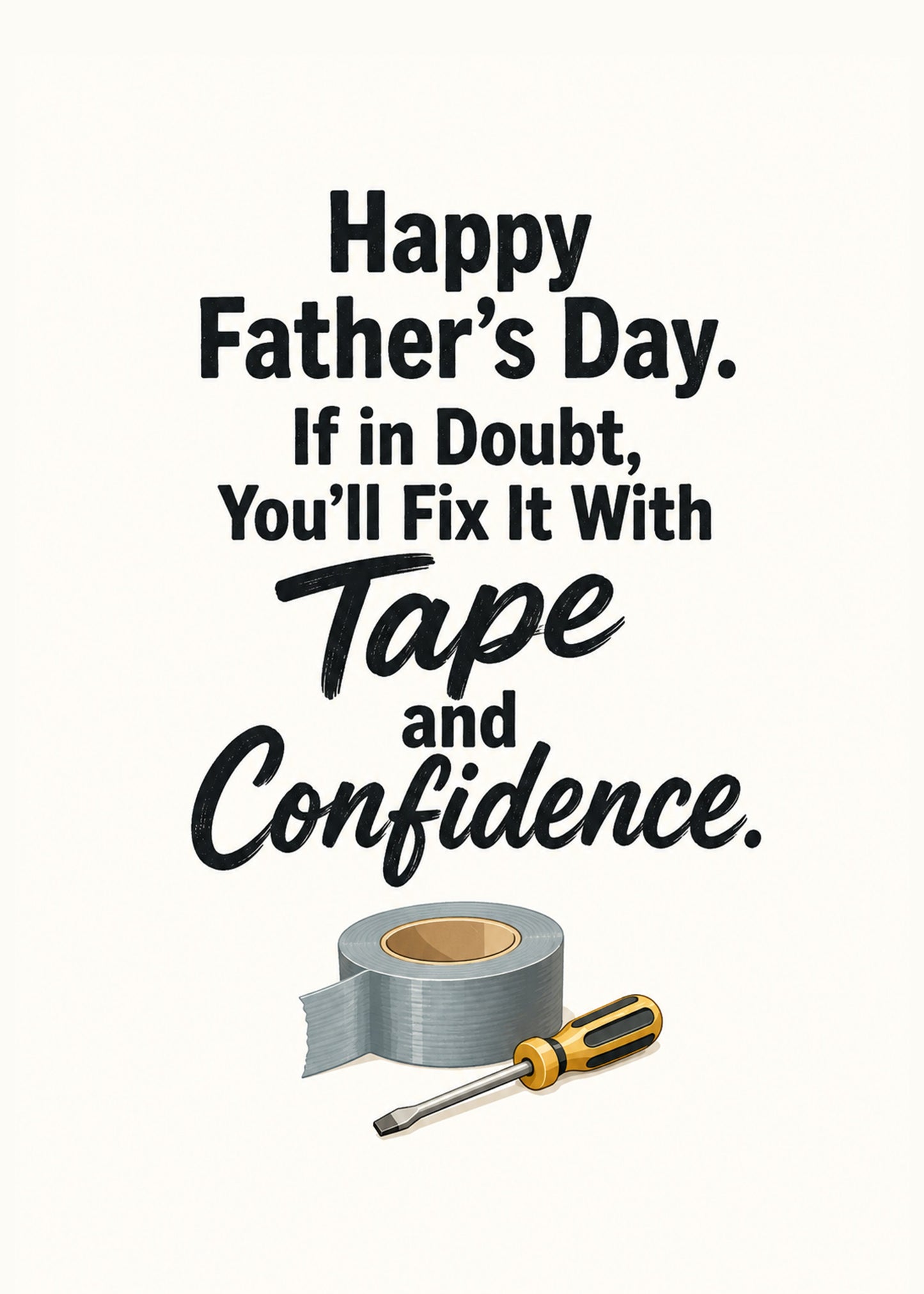 Funny Father's Day card showing a roll of duct tape and a screwdriver, with Tape and Confidence text, by Gigglz