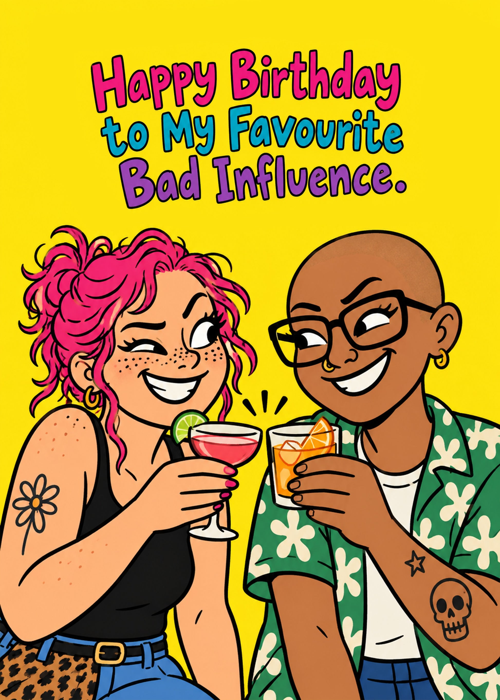 Funny birthday card showing two friends clinking cocktails, grinning, with Favourite Bad Influence text, by Gigglz