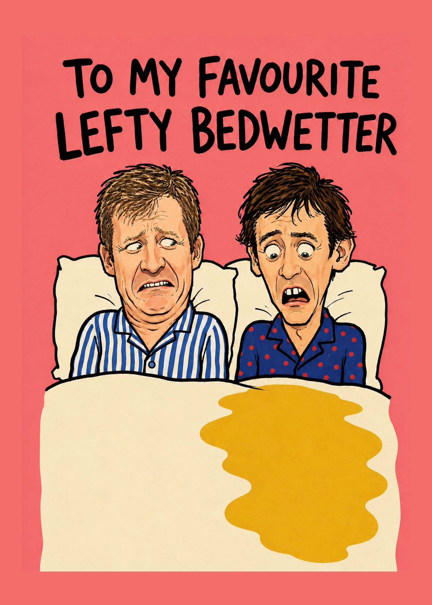 Funny everyday card showing two startled cartoon men sitting up in a shared bed with a suspicious stain, by Gigglz
