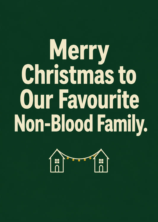Funny Christmas card showing text-led with a small motif of two little houses linked by a string of fairy lights, by Gigglz