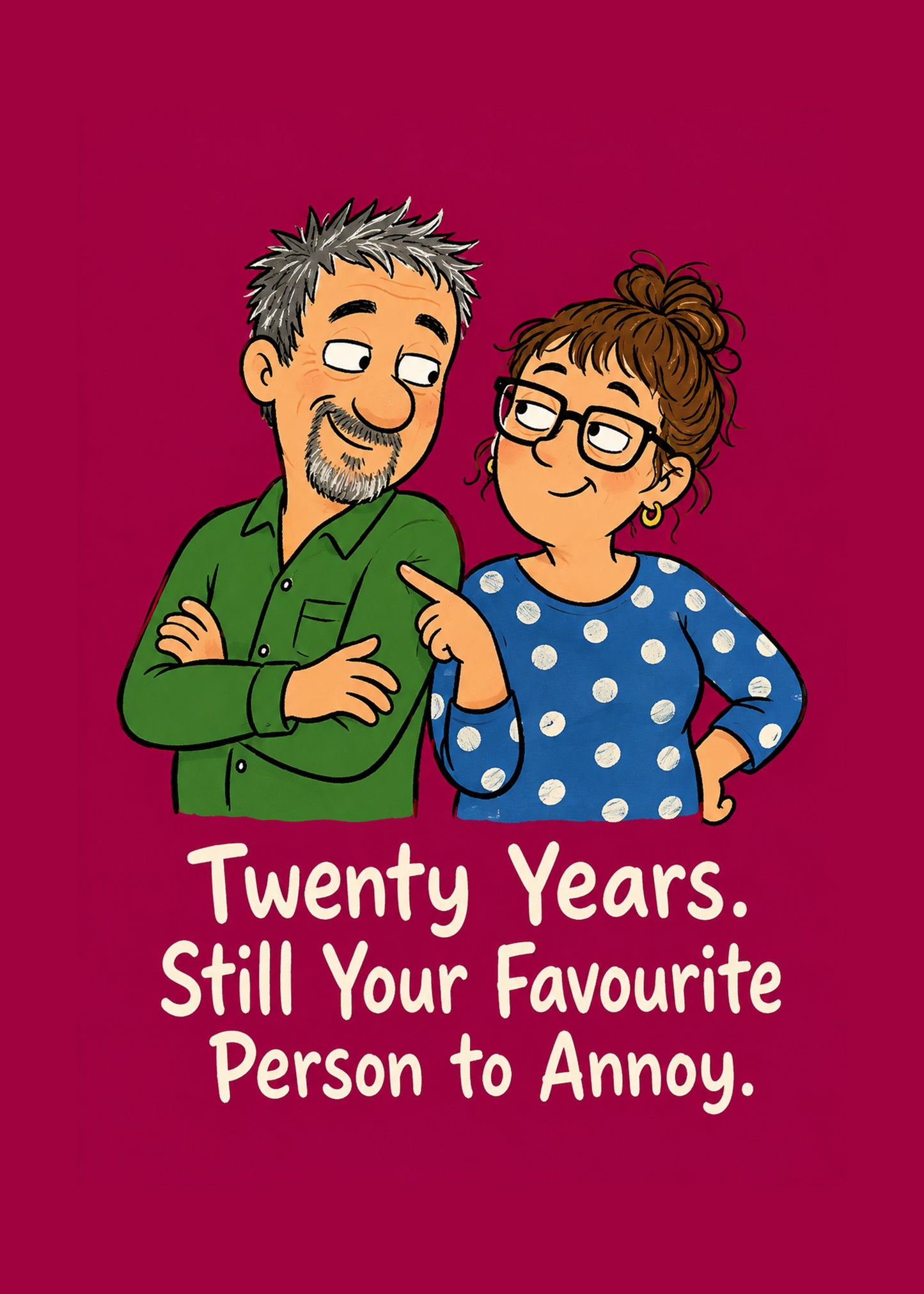 Funny anniversary card showing an affectionate couple, one nudging the other, by Gigglz