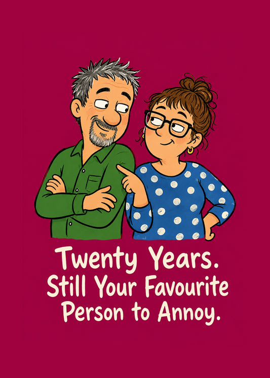 Funny anniversary card showing an affectionate couple, one nudging the other, by Gigglz