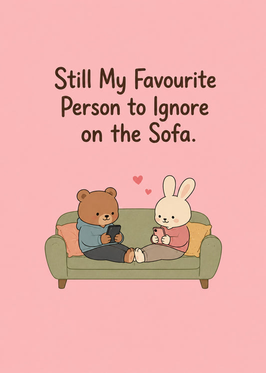 Cute anniversary card showing a cute bear and rabbit sitting together on a sofa, both on their phones, by Gigglz