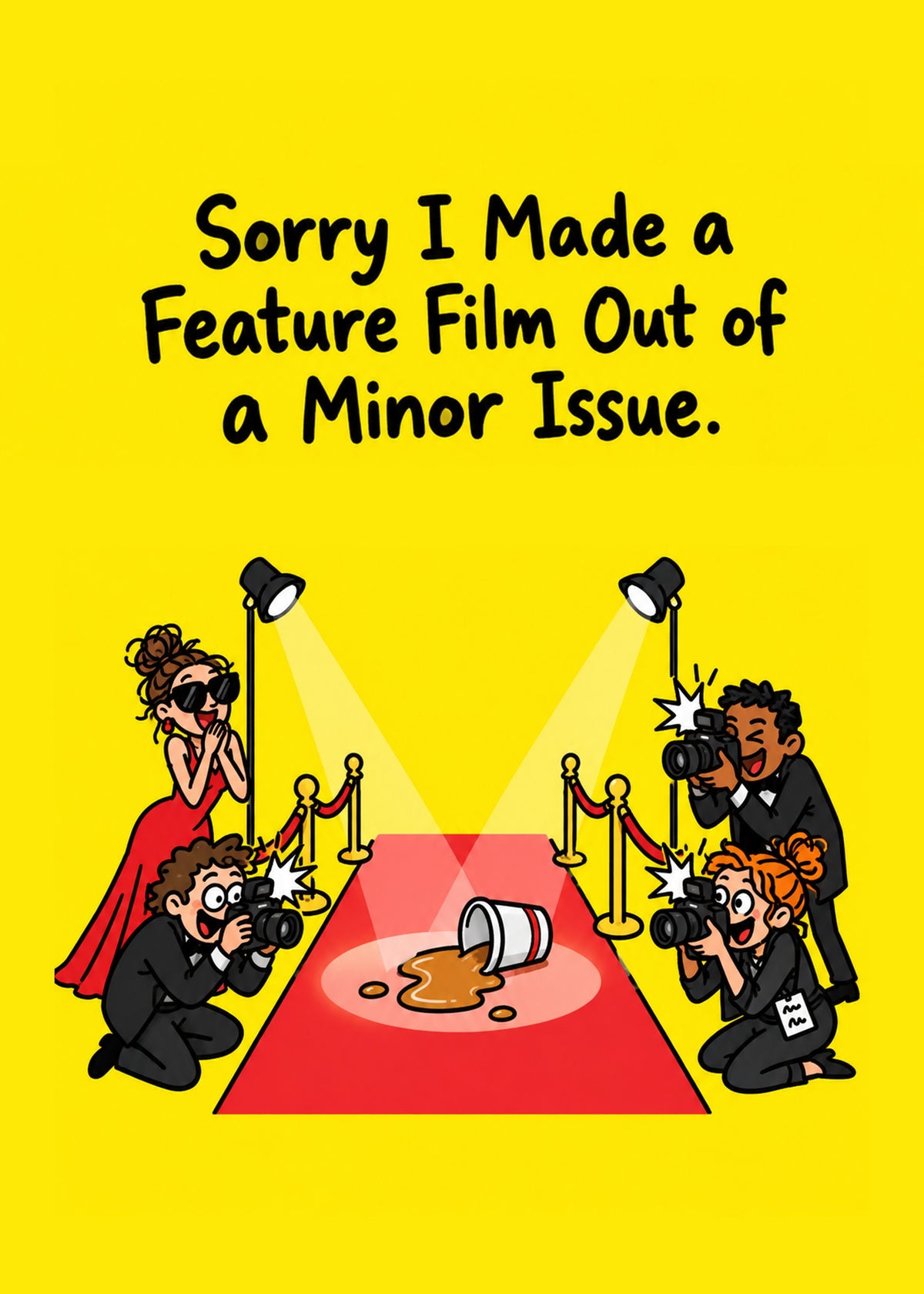 Funny sorry card showing a knocked-over coffee cup on a red carpet surrounded by paparazzi flashbulbs, by Gigglz