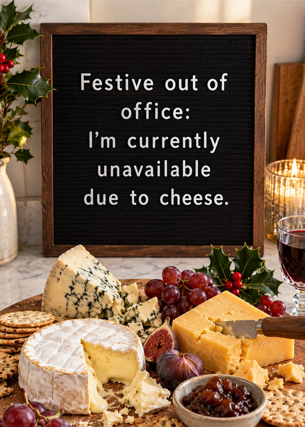Funny Christmas card showing a photoreal letter board propped behind a lavish Christmas cheeseboard with brie, by Gigglz