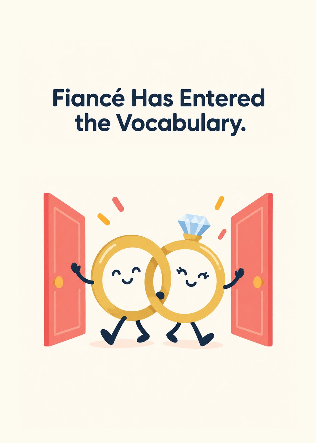 Funny engagement card showing two smiling cartoon engagement rings bursting through a pair of coral doors, by Gigglz