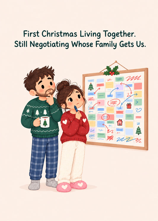 Funny Christmas card showing a couple in festive jumpers puzzling over a wall calendar, by Gigglz