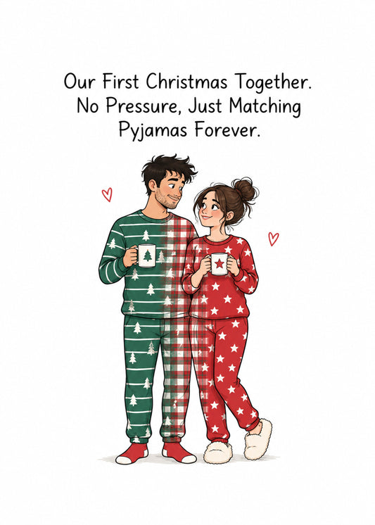 Funny Christmas card showing a couple in matching festive pyjamas with mugs, with Matching Pyjamas Forever text, by Gigglz