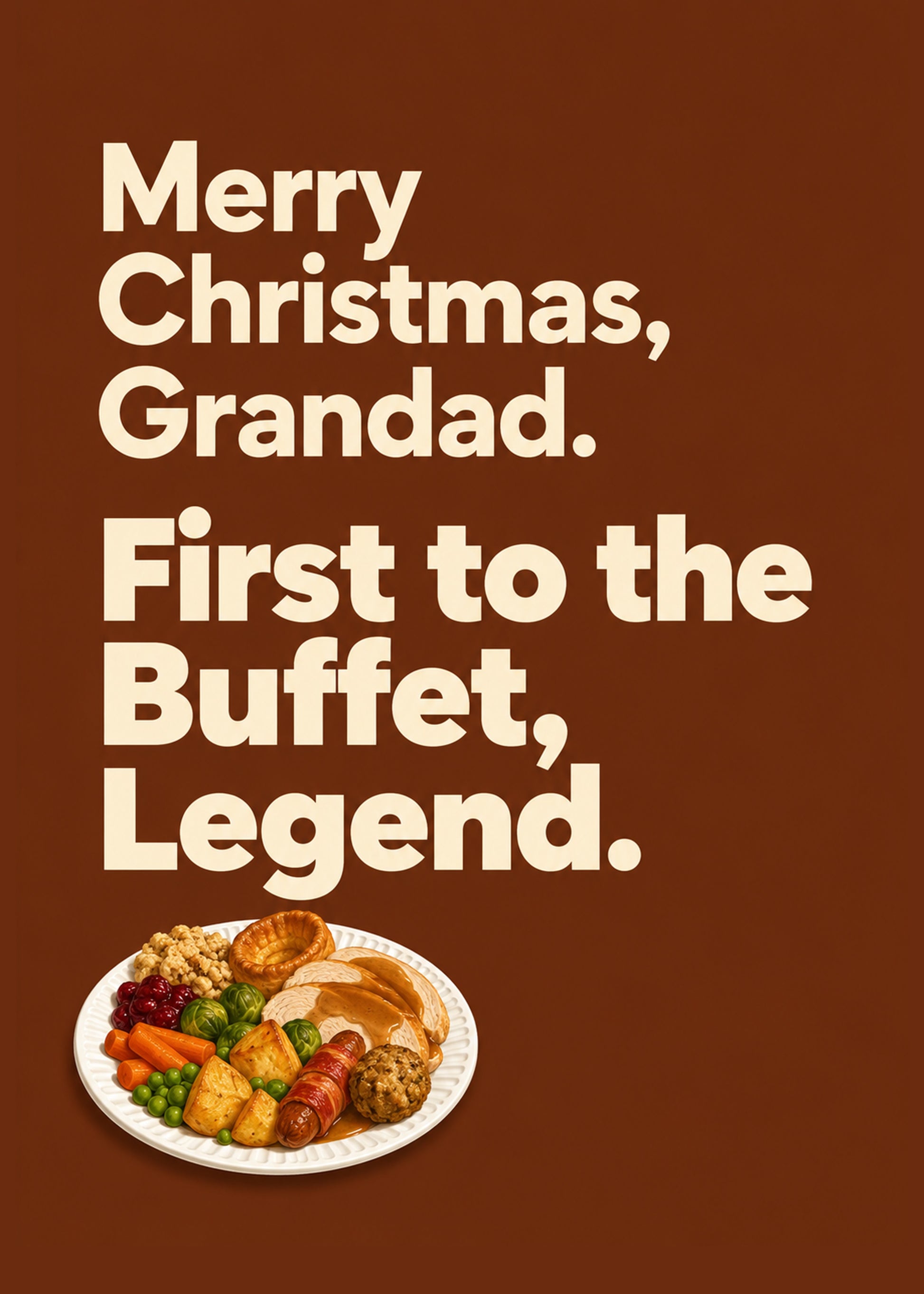 Funny Christmas card showing a photographic plate of Christmas dinner, with First to the Buffet text, by Gigglz