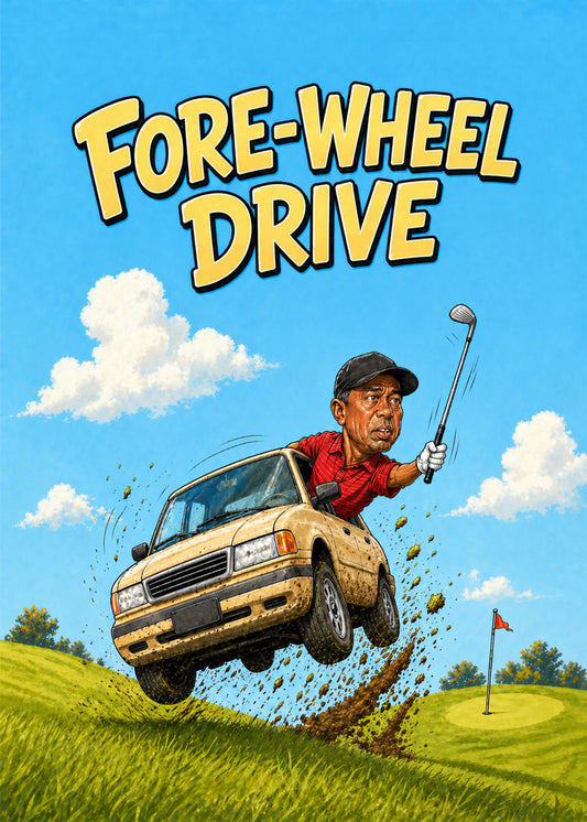 Fore Wheel Drive funny golf card showing a golfer launching a car across the fairway