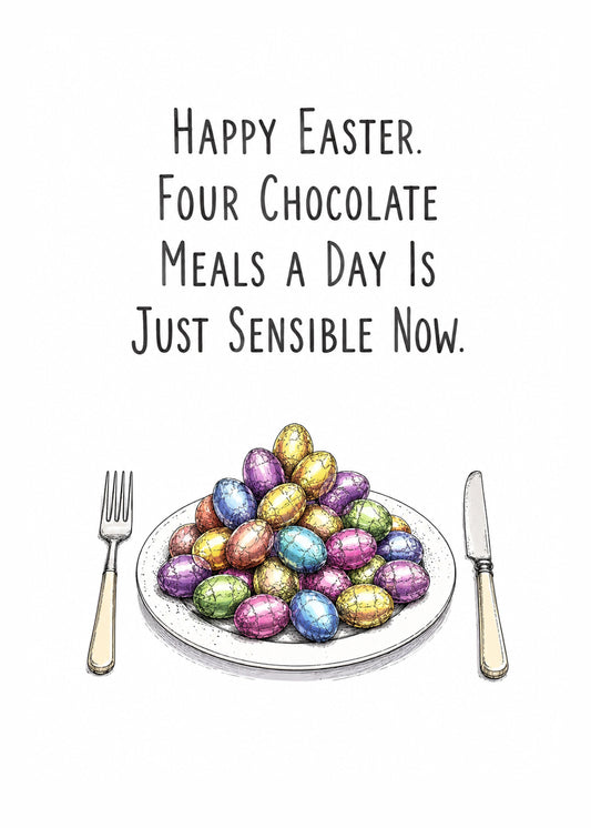 Funny Easter card showing a dinner plate piled with foil eggs, knife and fork, by Gigglz