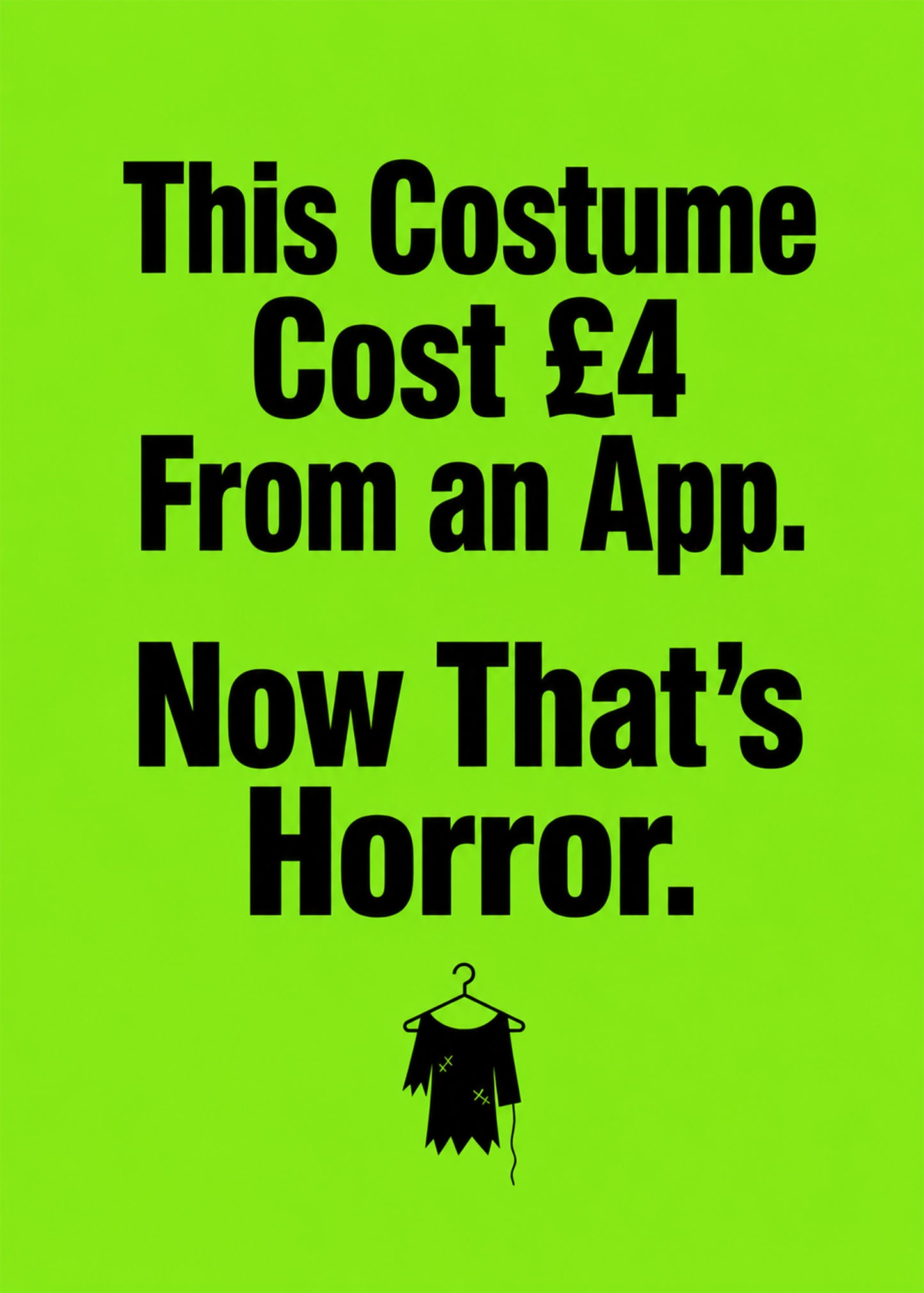 Funny Halloween card showing bold type with a tattered costume on a hanger, by Gigglz