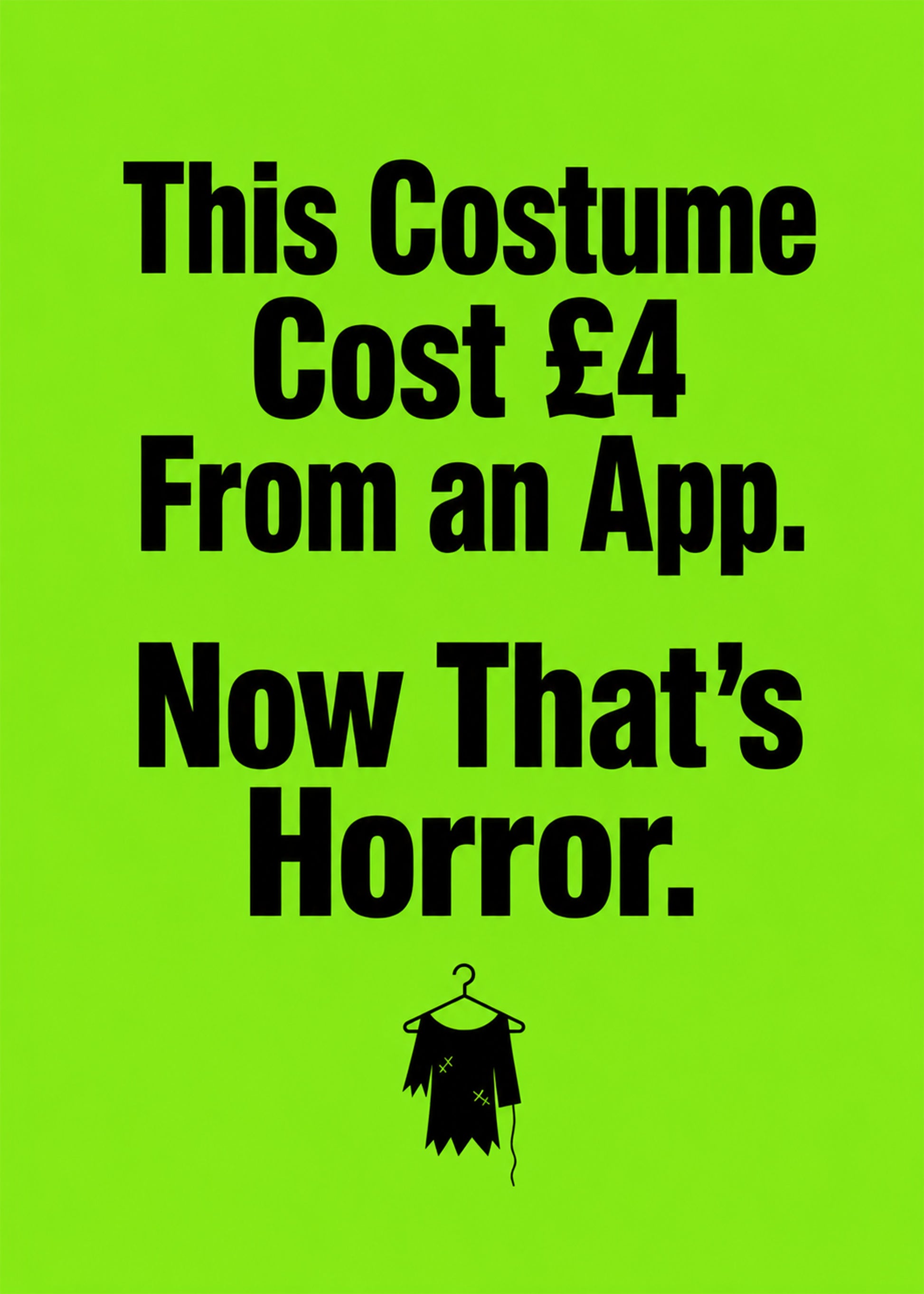 Funny Halloween card showing bold type with a tattered costume on a hanger, by Gigglz