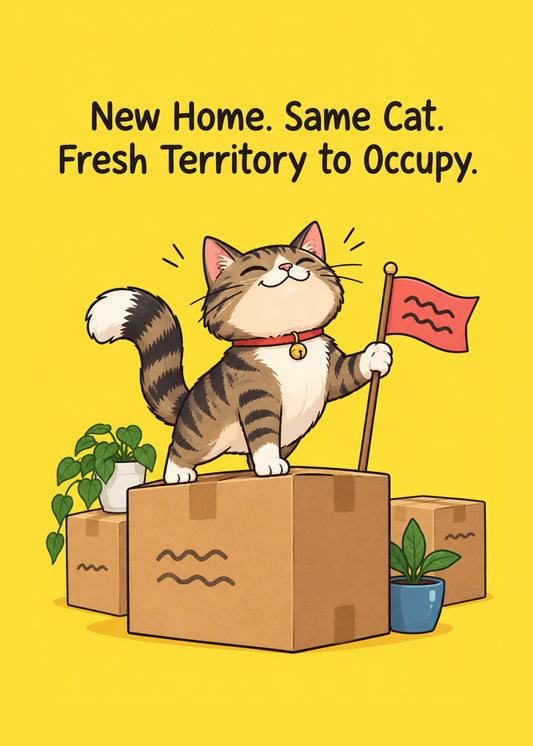 Funny new home card showing a smug tabby cat planting a flag on top of a stack of moving boxes on a yellow ground, by Gigglz