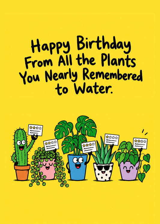 Funny birthday card showing a line-up of cartoon houseplants holding up scorecards, including a cactus, monstera, by Gigglz