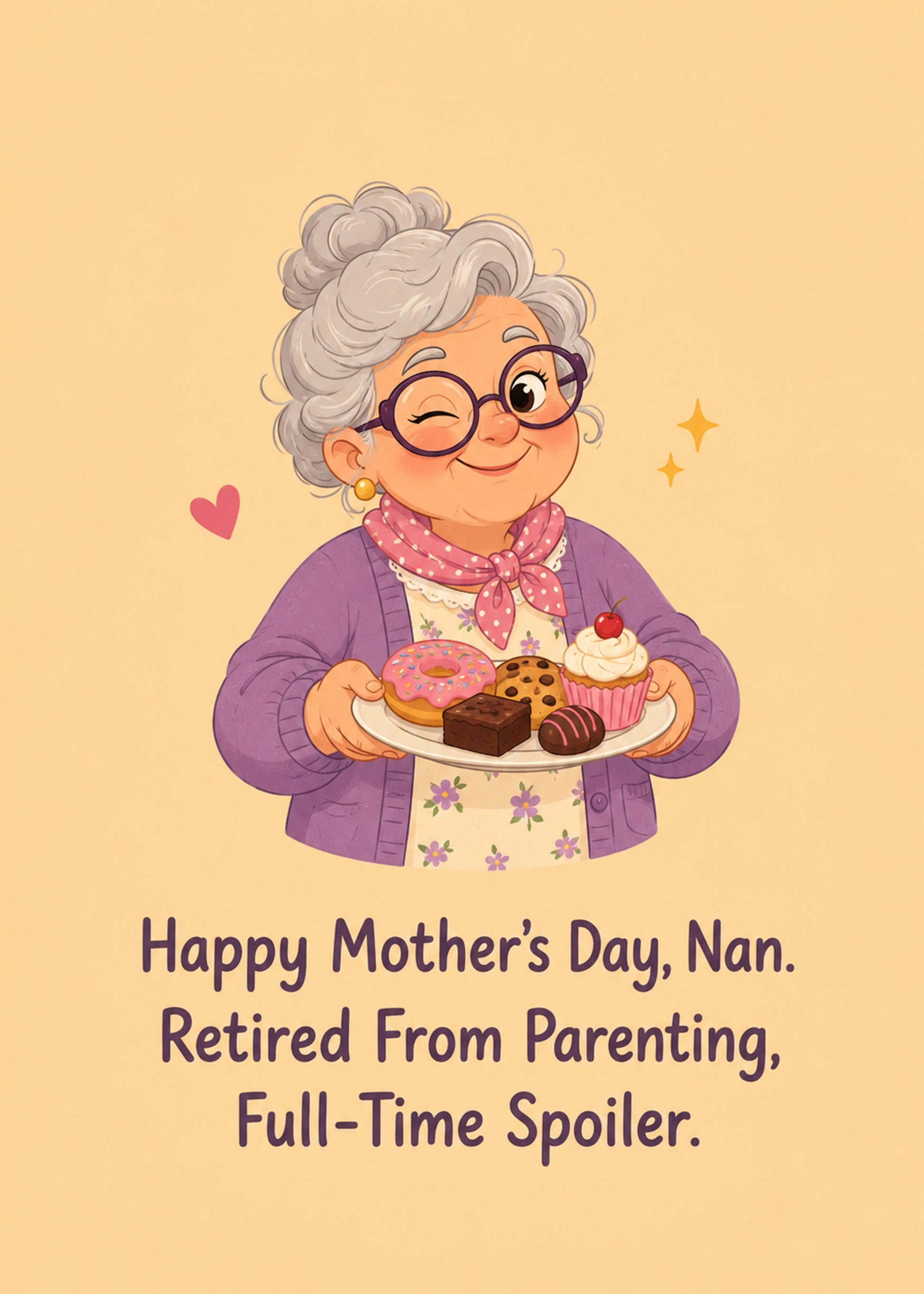 Funny Mother's Day card showing a smiling nan in glasses and a scarf holding a plate piled with cakes, by Gigglz
