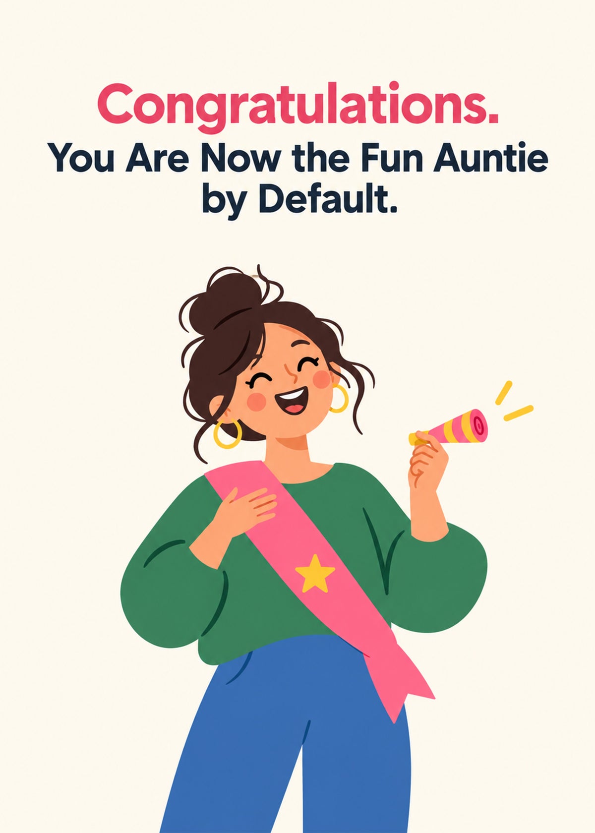 Funny new baby card showing a laughing woman in a pink sash with a party popper on a cream ground, by Gigglz