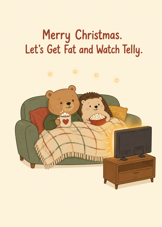 Cute Christmas card showing a cute bear and hedgehog under a blanket with hot chocolate and popcorn watching TV, by Gigglz