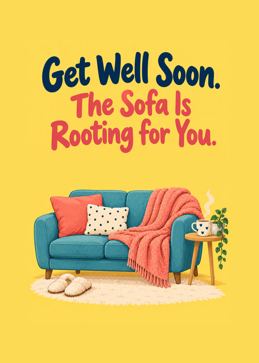 Funny get well card showing a cosy teal sofa with a coral blanket, cushions, slippers and a mug of tea on a yellow, by Gigglz