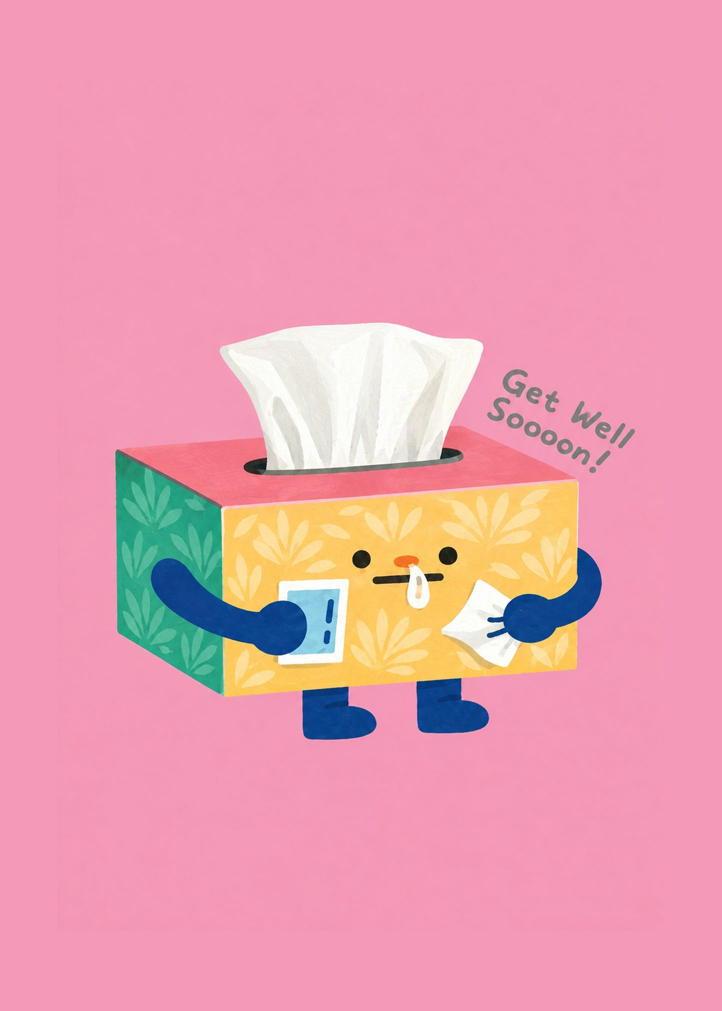 Cute get well card showing a colourful illustrated tissue box character holding medicine and a tissue, by Gigglz