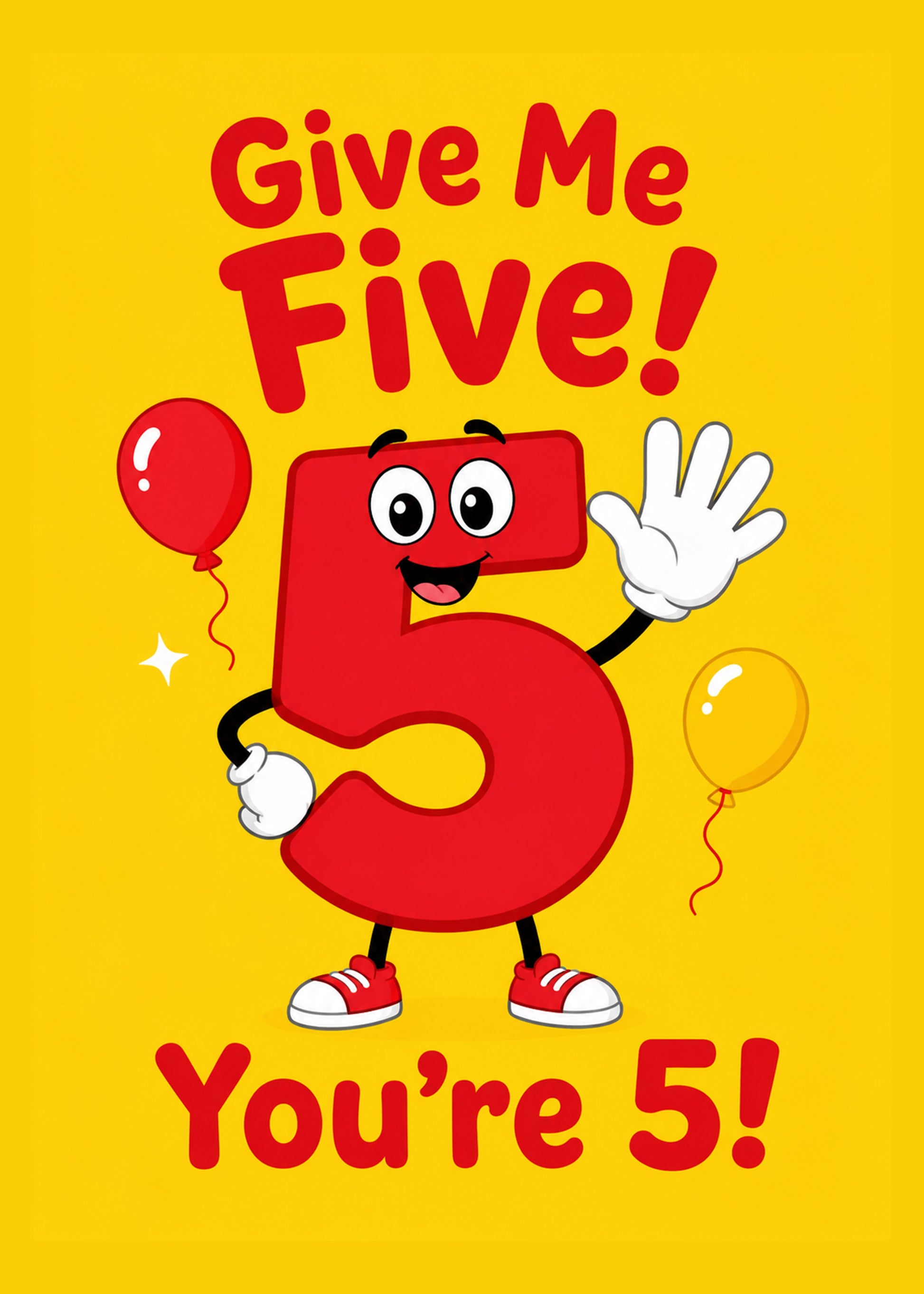 Funny birthday card showing a bold number 5 as a character offering a big high-five hand, sparkles and balloons, by Gigglz