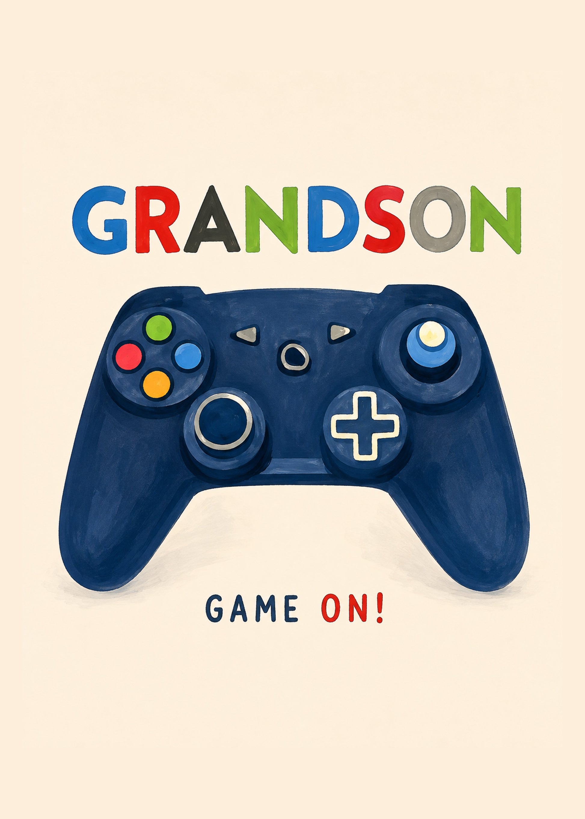 Funny birthday card showing a large generic game controller in navy blue with colourful buttons, with Game On text, by Gigglz