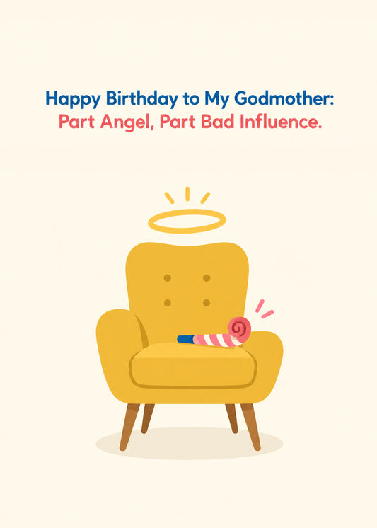 Funny birthday card showing a mustard armchair with a glowing halo above it and a party blower on the seat, by Gigglz